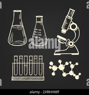 Eine Reihe von Skizzen für Chemieunterricht Mikroskop, Moleküle, Kolben handgezeichnet dunkler Hintergrund. Vektor Stock Vektor