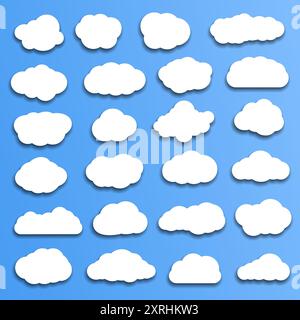 Satz von weißen verschiedenen Karikaturwolken mit Schatten auf blauem Himmel Hintergrund. Flaches Design. Vektorabbildung. Papierschnitt-Effekt. Stock Vektor