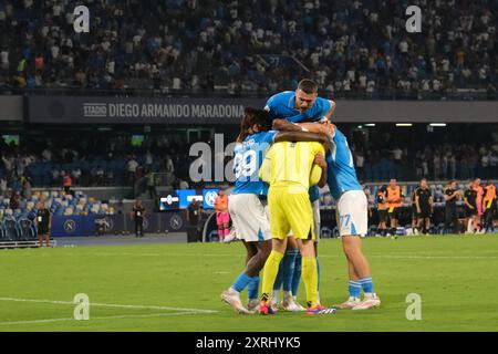 Neapel, Italien. August 2024. SSC napoli feiert am 10. August 2024 im Diego Armando Maradona Stadion in Neapel, Süditalien, den Sieg beim Fußballspiel Coppa Italia zwischen SSC Napoli und Modena Stockfoto