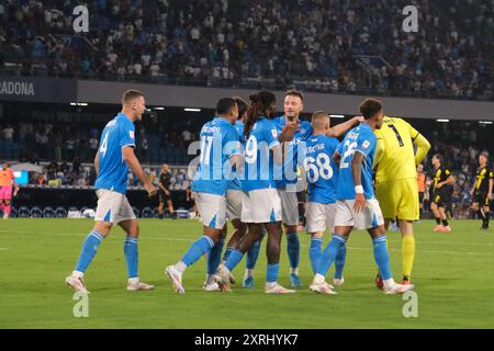 Neapel, Italien. August 2024. SSC napoli feiert am 10. August 2024 im Diego Armando Maradona Stadion in Neapel, Süditalien, den Sieg beim Fußballspiel Coppa Italia zwischen SSC Napoli und Modena Stockfoto