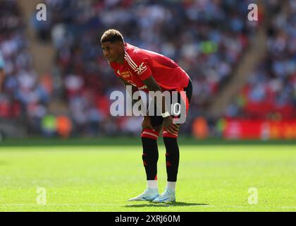 Wembley Stadium, London, Großbritannien. August 2024. FA Community Shield Football, Manchester City gegen Manchester United; Marcus Rashford von Manchester United sieht in der 2. Halbzeit erschöpft aus Credit: Action Plus Sports/Alamy Live News Stockfoto