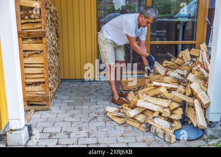 Nahaufnahme eines Mannes, der Birkenholz von einem Stapel sammelt, um in einem Holzhaufen im Hof seiner Villa zu stapeln. Schweden. Stockfoto