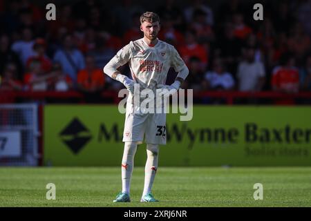 Crawley, Großbritannien. August 2024. Daniel Grimshaw von Blackpool während des Sky Bet League 1 Spiels Crawley Town gegen Blackpool im Broadfield Stadium, Crawley, Großbritannien, 10. August 2024 (Foto: Gareth Evans/News Images) in Crawley, Großbritannien am 10. August 2024. (Foto: Gareth Evans/News Images/SIPA USA) Credit: SIPA USA/Alamy Live News Stockfoto