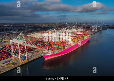 Southampton, Hampshire, Großbritannien. August 2024. Allgemeine Luftaufnahme der Western Docks am Hafen von Southampton in Hampshire mit dem Containerschiff One Triumph. Nach dem Hafen von Felixstowe ist Southampton das zweitgrößte Containerterminal im Vereinigten Königreich, das den Verkehr von 1,5 Millionen TEU-Einheiten umfasste. Bildnachweis: Graham Hunt/Alamy Live News Stockfoto