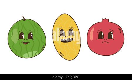 Obst und Beeren im groovigen Stil. Charaktere trendiges Retro-Comic-Maskottchen. Wassermelone und Granatapfel. Bannerposter entwerfen. Y2K Hippie 70er, 80er Jahre Vektorabbildung. Stock Vektor