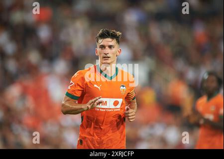 Jose Luis Garcia Vaya Pepelu von Valencia CF wurde während des Spiels zwischen Valencia CF und Eintracht Frankfurt im Mestalla Stadium in Aktion gesehen. Endgültige Scoring Stockfoto