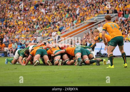 Brisbane, Australien. August 2024. Brisbane, 10. August 2024: Spieler aus Australien bilden während des Spiels zwischen den Wallabies und Springboks in der Rugby Championship im Suncorp Stadium Matthew Starling (Promediapix/SPP) Credit: SPP Sport Press Photo. /Alamy Live News Stockfoto