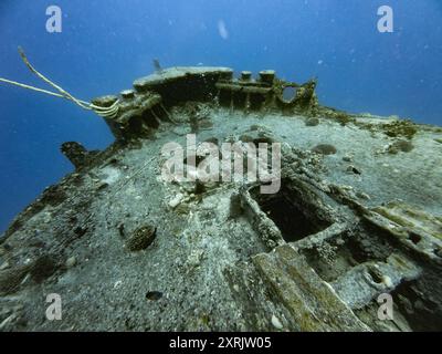 Bug des versunkenen Schiffswracks der SS Thistlegorm aus dem 2. Weltkrieg im Roten Meer in Ägypten Stockfoto