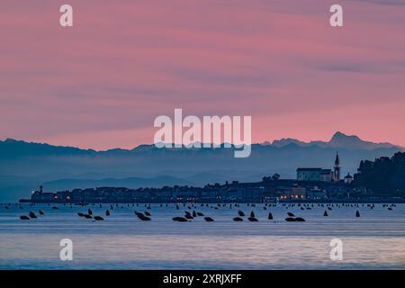 Piran und Triglav bei Sonnenuntergang Stockfoto