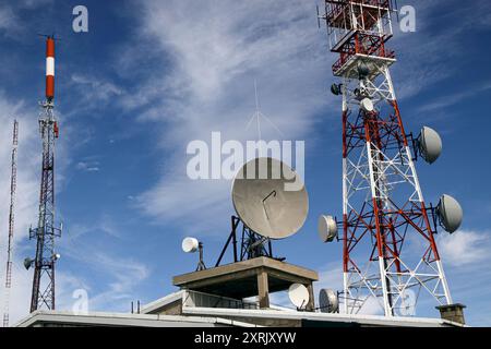 Rot-weiße Spitze der Bergkommunikationstürme und Satellitenantennen aus der Nähe Stockfoto