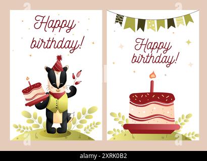 Niedliche Grußkarte für Kinder. Ein Set Grußkarten mit einem süßen Dachs und einer Geburtstagskuche. Vektor. Stock Vektor