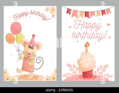 Niedliche Grußkarte für Kinder. Niedliche Geburtstagskarte mit einer Maus mit Ballons und einem Cupcake-Design. Vektor Stock Vektor