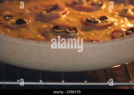 Das Backen von Fleisch mit Käse, Tomaten und Oliven im Ofen einer Hausküche. Fleisch auf Französisch, Orlov Fleischwein, Veau Orloff Stockfoto