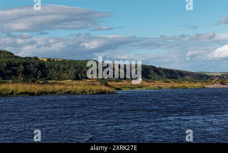 Das St. Cyrus Naturreservat auf der Nordseite des Flusses North Esk, mit dem weiß getünchten Touristenzentrum in der Ferne. Stockfoto