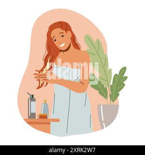 Positive Frau, die Lotion auf rotem Haar nach Dusche flacher Farbvektor-Illustration verteilt. Dame, die sich im Badezimmer zu Hause um sich selbst kümmert, ist ein Symbol für das Konzept des Badezimmers Stock Vektor