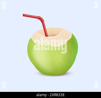 Grüne Kokosnuss mit realistischer Vektorillustration. Exotisches erfrischendes Getränk. Nussschale mit 3D-Objekt frischer Milch auf hellem Hintergrund Stock Vektor