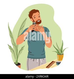 Glücklicher Mann, der Bart mit Maschine flachen Farbvektor-Illustration trimmt. Attraktive Rasierborsten für Männer mit Cutter Tool Concept Symbol auf weiß Stock Vektor