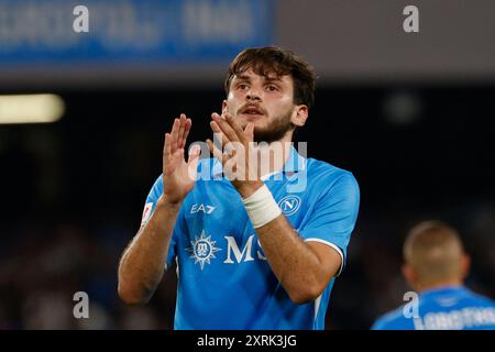 Khvicha Kvaratskhelia von Neapel reagierte am 10. August 2024 im Stadio Maradona beim Fußballspiel Coppa Italia SSC Napoli - Modena FC in Neapel. Stockfoto