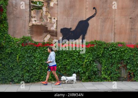 London, Großbritannien. August 2024. Ein neues Kunstwerk von Banksy erscheint auf einer alten Plakatwand in Cricklewood. Das Kunstwerk, das eine wilde Katze wie einen Tiger oder Leoparden darstellt, ist das sechste neue Kunstwerk des schwer fassbaren Straßenkünstlers in ebenso vielen Tagen in London. Quelle: Vuk Valcic/Alamy Live News Stockfoto