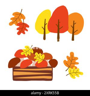 Bunte Herbstblätter und Bäume in einer einfachen Illustration mit einem Holzkorb gefüllt mit fallendem Laub Stock Vektor