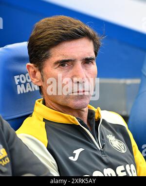 Villarreal Cheftrainer Marcelino während des Freundschaftsspiels vor der Saison zwischen Brighton und Hove Albion und Villarreal im American Express Stadium, Brighton, Großbritannien - 10. August 2024 Foto Simon Dack / Teleobjektive nur redaktionelle Verwendung. Kein Merchandising. Für Football Images gelten Einschränkungen für FA und Premier League, inc. Keine Internet-/Mobilnutzung ohne FAPL-Lizenz. Weitere Informationen erhalten Sie bei Football Dataco Stockfoto