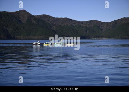 Natürliche Landschaft mit malerischem Blick auf farbenfrohe Swan Sightseeing Boote am Hafen von Ashinoko, einem malerischen See in der Gegend von Hakone, Kanagawa Japan. Stockfoto