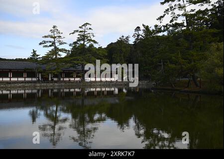 Landschaft mit malerischem Blick auf Higashi Kairo, den östlichen überdachten Korridor des buddhistischen Tōdai-JI-Tempels am Kagami-ike-Teich in Nara, Kansai Japan. Stockfoto