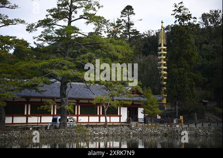 Landschaft mit malerischem Blick auf Shichijunoto Sōrin und Higashi Kairo, den östlichen überdachten Korridor des buddhistischen Tōdai-JI-Tempels in Nara, Kansai, Japan. Stockfoto