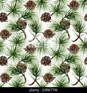 Kiefer, Tanne, Fichtenzweige mit Nadeln, Kegel. Handgezeichnete Aquarellillustration, nahtloses Muster isoliert auf weiß. Weihnachten, frohes neues Jahr Stockfoto
