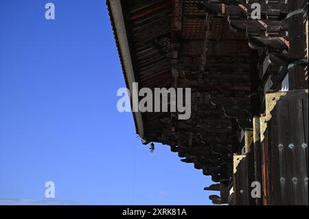 Holzarbeiten auf dem Dach im Äußeren der Großen Buddha-Halle ein japanischer Nationalschatz im Tōdai-JI-Komplex in Nara, Kansai Japan. Stockfoto