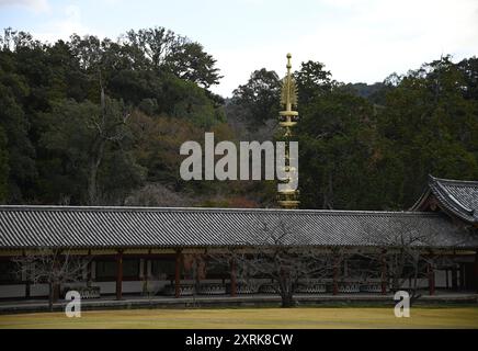 Landschaft mit malerischem Blick auf Shichijunoto Sōrin und Higashi Kairo, den östlichen überdachten Korridor des buddhistischen Tōdai-JI-Tempels in Nara, Kansai, Japan. Stockfoto