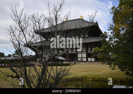 Landschaft mit malerischem Blick auf die große Buddha-Halle, ein japanischer Nationalschatz im Tōdai-JI-Komplex in Nara, Kansai Japan. Stockfoto