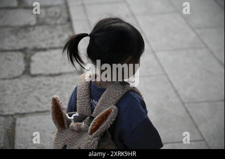 Kleines japanisches Mädchen auf dem Gelände des buddhistischen Tempels Kōfuku-JI in Nara, Kansai Japan. Stockfoto