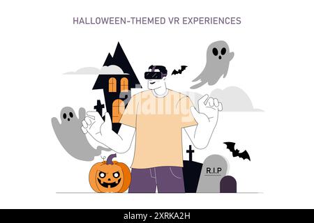 VR-Erlebnis-Konzept mit Halloween-Thema. Der Mensch tauchte in die virtuelle Realität ein, inmitten gruseliger Elemente. Interaktive Technik trifft auf festlichen Schrecken. Vektorabbildung. Stock Vektor