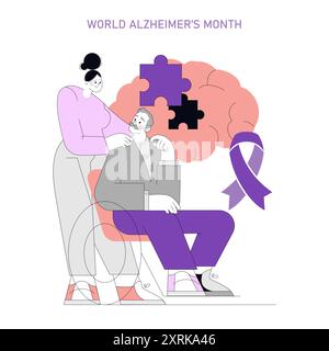World Alzheimer's Month Concept. Unterstützende Frau mit älterem Mann, symbolischem Gehirnpuzzle und Bewusstseinsband. Vektorabbildung. Stock Vektor