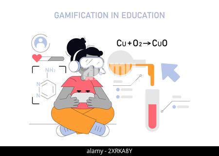 Gamification im Bildungskonzept. Ein Schüler, der in die virtuelle Realität eingetaucht ist und die Chemie lernt, symbolisiert interaktive und ansprechende Lernmethoden. Vektorabbildung. Stock Vektor