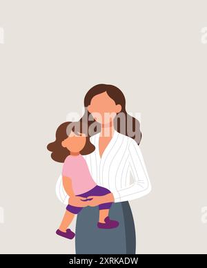 Eine arbeitende Frau, die ein Kind in den Händen hält, zeigt eine Illustration der mütterlichen Liebe für Muttertagsdekoration, Flyer, Banner, Poster Stock Vektor