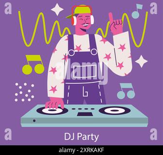 DJ-Partykonzept. Ein fröhlicher DJ mischt Musik bei einer lebendigen Veranstaltung und schafft eine lebhafte Atmosphäre. Plattenspieler, Tanzstimmung und Musikgenuss. Vektorabbildung. Stock Vektor