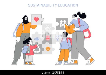 Nachhaltigkeitsbildungskonzept. Lehrer und Schüler beschäftigen sich mit Umweltthemen in interaktiven Puzzles und Büchern. Vektorabbildung. Stock Vektor