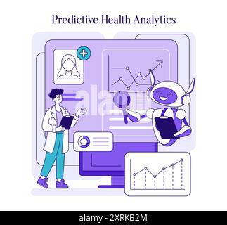 KI-Konzept in der Medizin. Arzt und Roboter analysieren Patientendaten für prädiktive Gesundheitsanalysen. Innovative Integration von Gesundheitstechnologien. Vektorabbildung. Stock Vektor