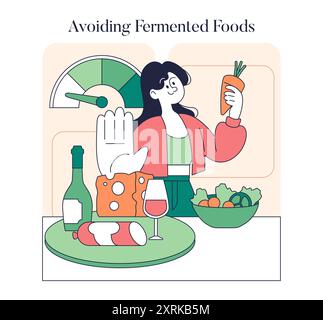 Low Histamine Diet concept. Woman choosing carrots over fermented foods for dietary health. Nutritional choices for allergy management. Vector illustration. Stock Vektor