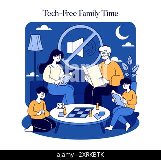 Technologiefreies Familienzeitkonzept. Eine Familie liest und spielt Brettspiele und genießt einen friedlichen Abend zusammen. Digitale Detox- und Qualitätsbindung. Vektorabbildung. Stock Vektor