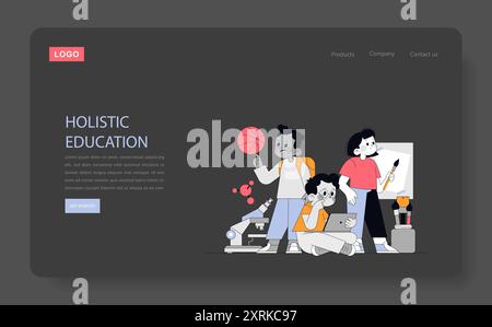 Ganzheitliches Bildungskonzept. Kinder nehmen an verschiedenen Lernaktivitäten Teil und fördern die geistige und körperliche Entwicklung. Vektorabbildung. Stock Vektor