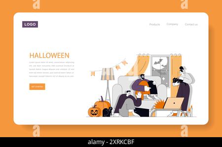 Halloween-Konzept. Gemütliches Zuhause mit Familie, die saisonale Feierlichkeiten in einem dekorierten Wohnzimmer genießen. Feiert Tradition mit Kostümen und Kürbissen. Vektorabbildung. Stock Vektor