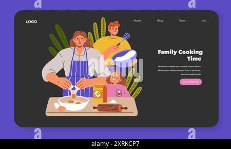 Modernes Familienkochkonzept. Eine Illustration einer fröhlichen Familie, die zusammen eine Mahlzeit zubereitete, die sich über eine Küchentheke verbündete. Vektorabbildung. Stock Vektor