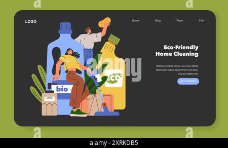 Umweltfreundliches Reinigungskonzept. Menschen, die sich für nachhaltige Hausreinigungsverfahren einsetzen. „Green Living“ und „Environmental Awareness“ werden vorgestellt. Vektorabbildung. Stock Vektor