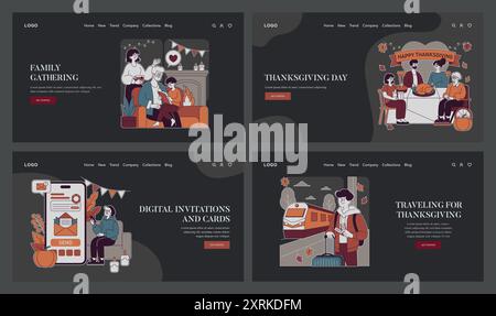 Thanksgiving Day Set. Eine herzerwärmende Kollektion mit Familienversammlungen, festlichen Mahlzeiten, digitalen Einladungen und Urlaubsreisen. Feiern Sie Zweisamkeit und Dankbarkeit. Vektorabbildung. Stock Vektor