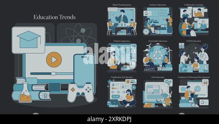 Trends im Bildungsbereich festgelegt. Moderne digitale und integrative Lernmethoden. Globale Kompetenzzusammenarbeit. Vektorabbildung. Stock Vektor