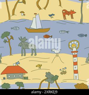 Handgezeichnetes nahtloses Muster für den Sommerurlaub im Doodle-Stil. Stock Vektor