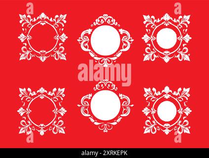 Weißes Blumenlogo und Icon Kollektion auf rotem Hintergrund. Abstrakte Schönheit Blume Logo Design Kollektion für Hochzeit, Einladungskarten und Bac Stock Vektor